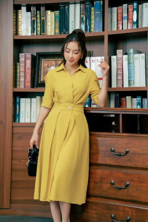 Sixdo Dark Yellow Megashi Flared Dress